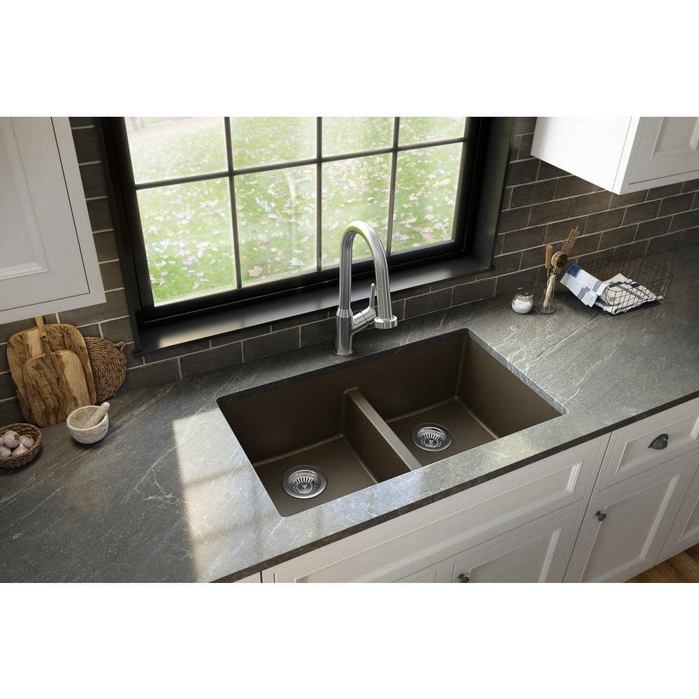 Karran Quartz Brown 32 In 50 50 Double Bowl Composite Undermount   Brown Karran Undermount Kitchen Sinks Qu 810 Br 64 1000 