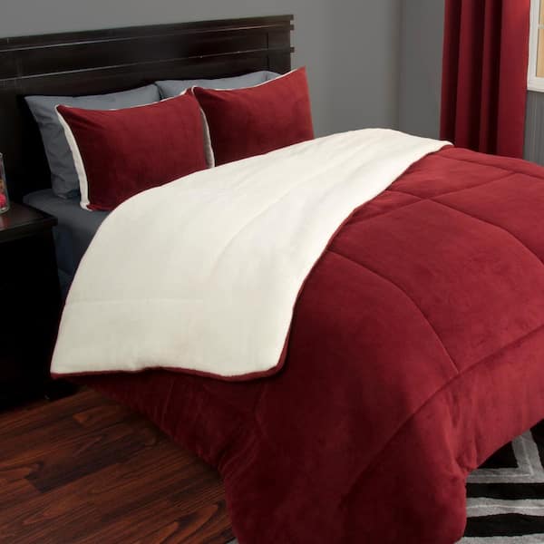 Unbranded 3-Piece Burgundy King Sized Sherpa Bedspread and 2-Pillow Shams Comforter Set