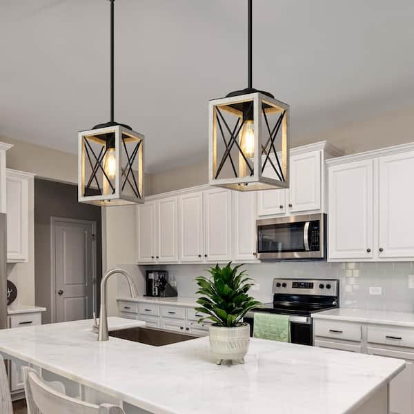 60-Watt 1-Light Farmhouse Pendant Light with White Wooden Grain Finish Shade, No Bulbs Included