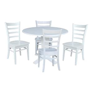 Aria White Solid Wood Pedestal Base 42 in Drop-leaf Dining Set with 4 Emily Side Chairs Seats 4