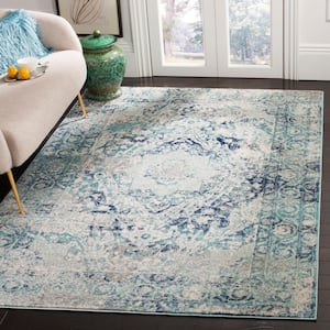 Madison Ivory/Blue 10 ft. x 14 ft. Geometric Border Floral Medallion Area Rug