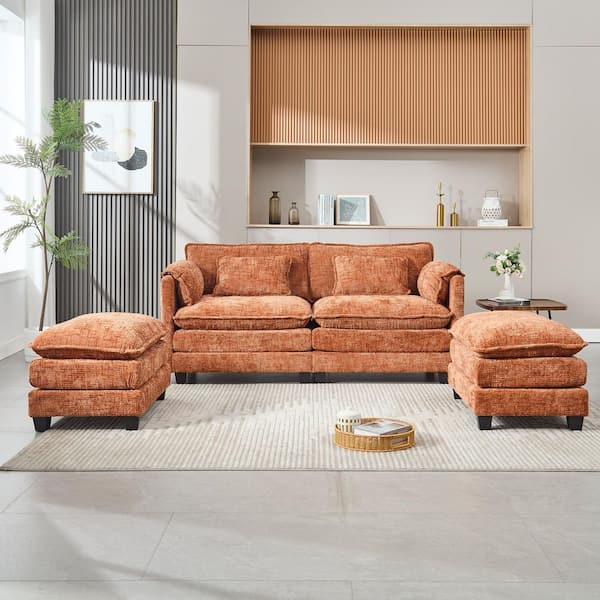 76 in. Straight Arm 4-Piece Modular Chenille 2-Seater Sectional Sofa in Orange with 2-Removable Ottomans and Side Pocket