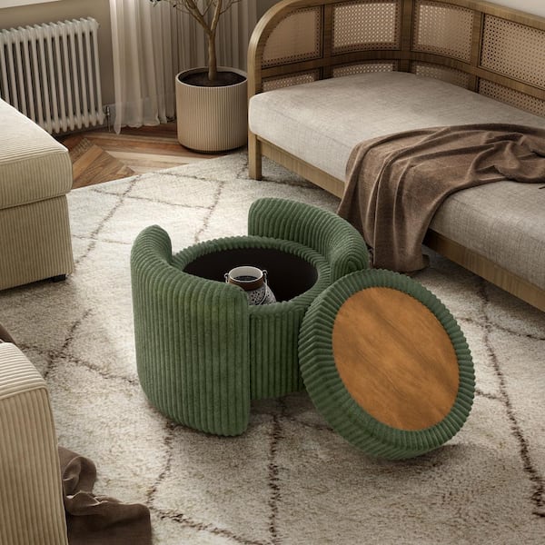 Furniture of America Fana Green Corduroy Fabric Round Storage Ottoman With Tray Top