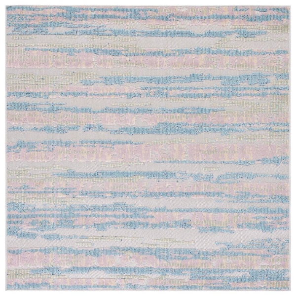 Cabana Aqua/Pink 7 ft. x 7 ft. Abstract Striped Indoor/Outdoor Square Area Rug