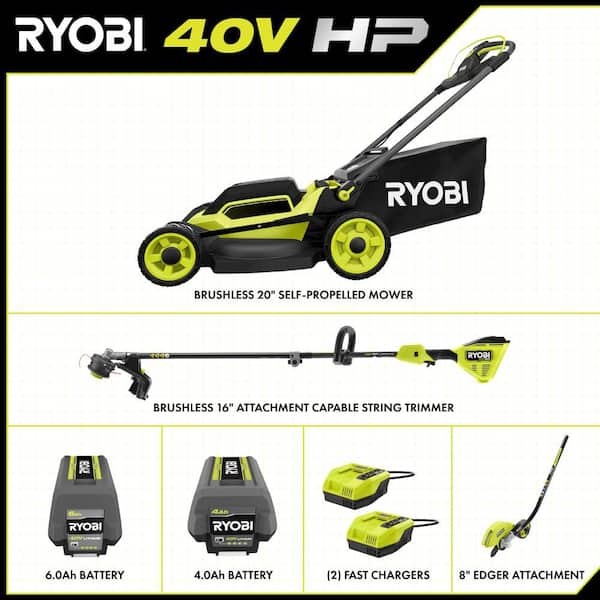 40V HP Brushless 20 in. Walk Behind Self-Propelled Mower, 16 in String Trimmer/Edger with (2) Batteries and (2) Chargers