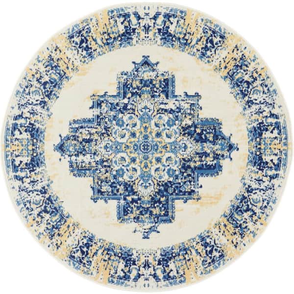 Grafix White 5 ft. x 5 ft. Persian Medallion Transitional Round Rug