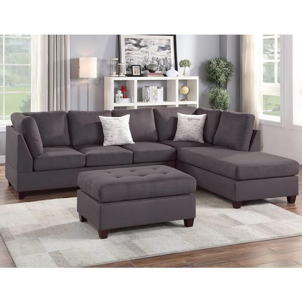 Venetian Worldwide, LLC Shasta 3-Piece Ebony Microfiber 5-Seater L-Shaped Sectional Reversible Chaise with Ottoman