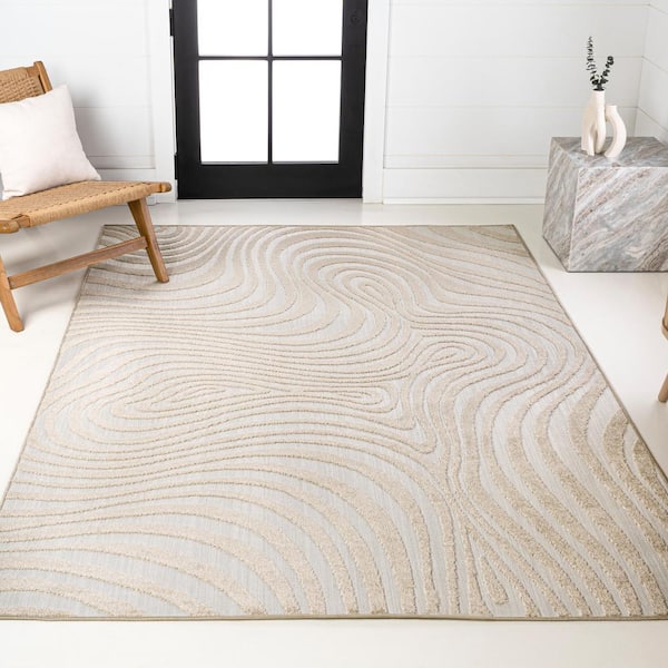 Maribo High-Low Abstract Groovy Striped Beige/Cream 8 ft. x 10 ft. Indoor/Outdoor Area Rug