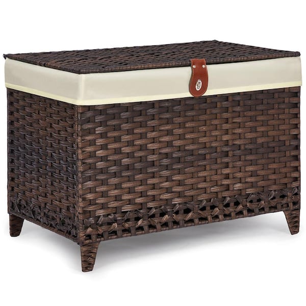 Unbranded Brown, 17.7 in. x 29.9 in. x 20.46 in., 160L Plastic Rattan Bin, Wicker Decorative Basket with Lid, Removable Liner