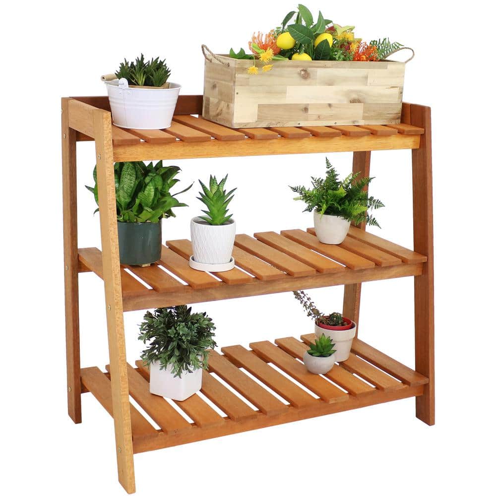 Brown Meranti Wood 3-Tier Outdoor Garden Shelf with Teak Oil Finish