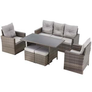 6-Piece Wicker Outdoor Dining Set PE Patio Conversation Set with Grey Cushion