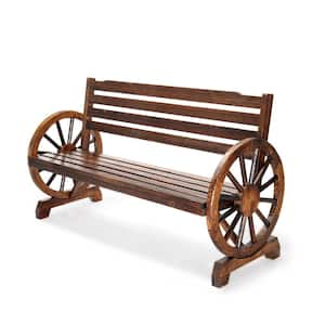 56 in. 3-Person Slatted Seat Rustic Wooden Wagon Wheel Bench, Outdoor Patio Furniture, Weather-Resistance