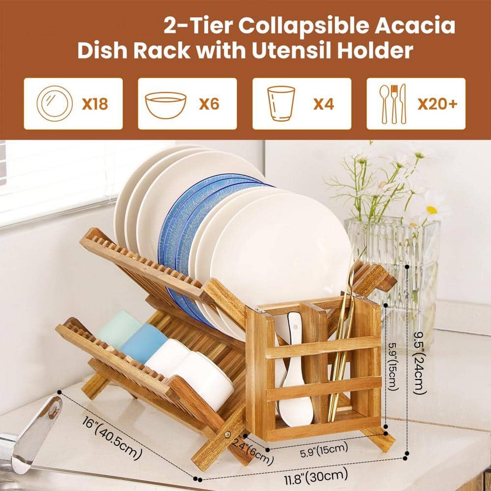 Foldable Acacia Wood 2-Tier Dish Rack with Utensil Holder
