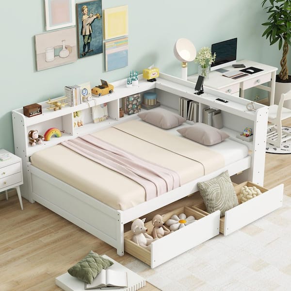 White Wood Frame Full Size L-shaped Bookcase Platform Bed with Power Outlets, USB Charging Ports, 2-Drawers