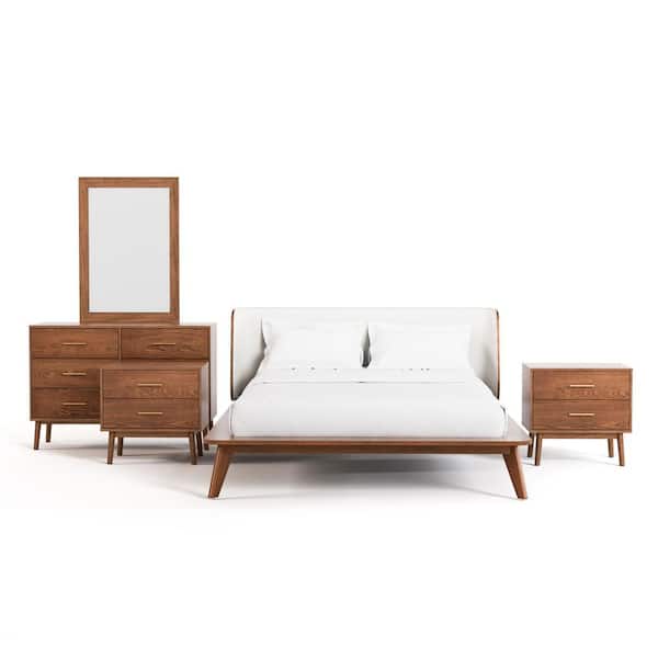 Riverstone 5-Piece Mid Century Boucle Walnut Wood Queen Platform Bedroom Set with 2 Nightstands and Dresser/Mirror