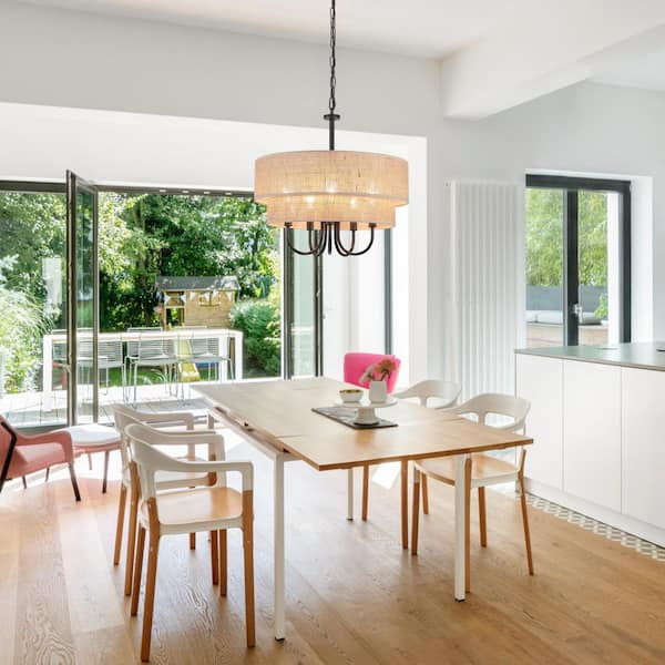 5-Light Black Candlestick Chandelier Linear Chandelier Lighting with Burlap Cloth Cover for Kitchen Island