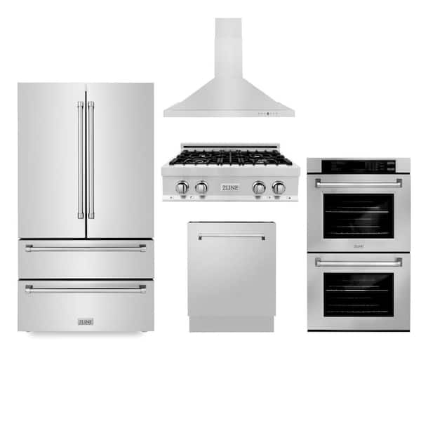 ZLINE Kitchen and Bath Stainless Steel Kitchen Package with 4 Burners 30 in. Cast Iron Grate Rangetop 30 in. Hood Wall Oven, 24 in. Dishwasher