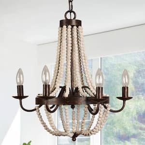 Modern Farmhouse 6-Light Rustic Wood Beaded Chandelier Candle Style Pendant