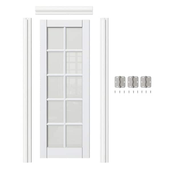 28in. x 80in. 10 Lite, Frosted Glass, White Primed, Composite Prehung Interior Door Right-Handed with Jamb and Hardware