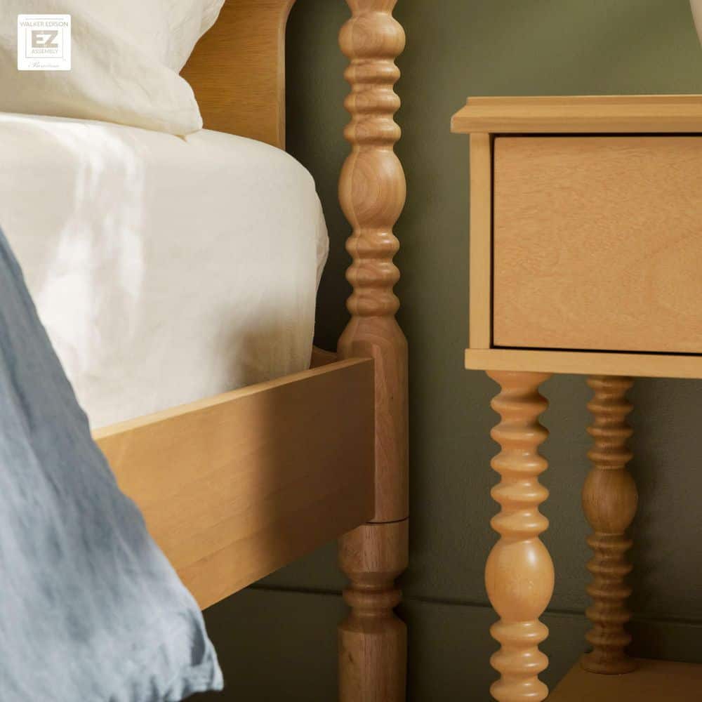 Natural Solid Wood Queen Spindle Bed Frame with Upholstered Headboard