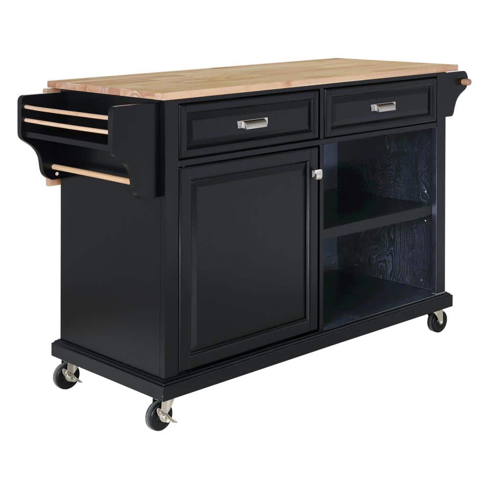 Tatayosi Black Natural Wood Top 32 in. W Kitchen Island with Storage ...