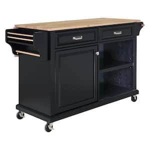 Black Natural Wood Top 32 in. W Kitchen Island with Storage Cabinet