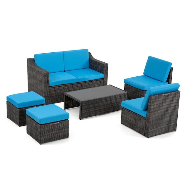 ChillPavilion 6 Piece Wicker Patio Conversation Set With Blue Cushions   Patio Conversation Sets Cp Sf6 Gt Hd5 64 600 