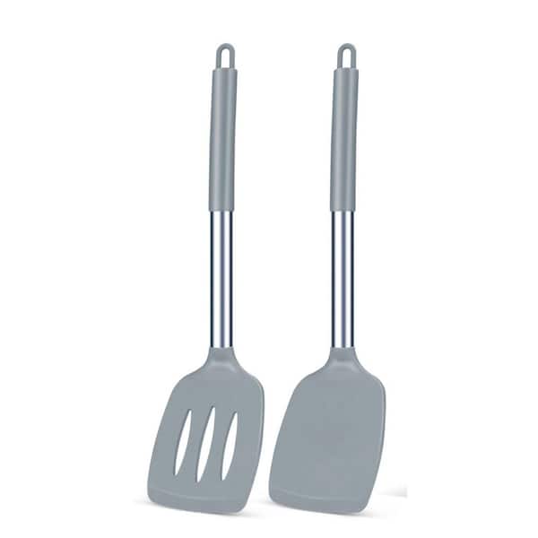 2-Pack Gray Silicone Solid Turner, Non Stick Slotted Kitchen Spatulas, igh Heat Resistant BPA Free Cooking Utensils