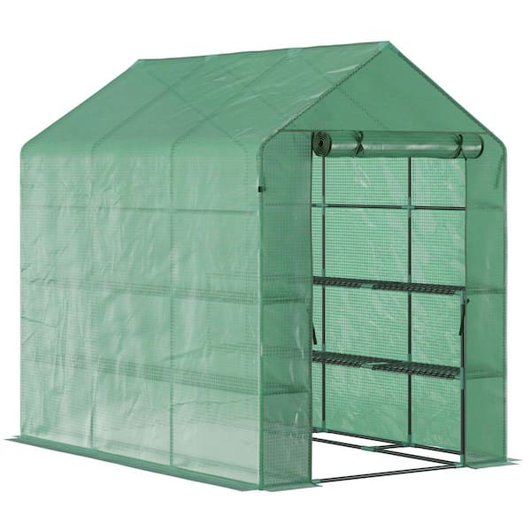 7 ft. x 5 ft. x 6.5 ft. Walk in DIY Greenhouse, PE Cover, 3-Tier Shelves, Steel Frame Hot House, Roll-Up Zipper Door