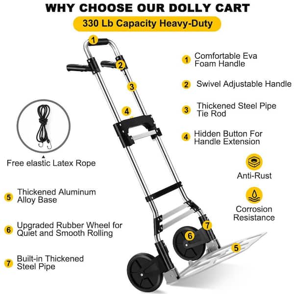 330 lbs. Capacity Aluminum Folding Hand Truck Dolly with Telescoping Handle and Rubber Wheels