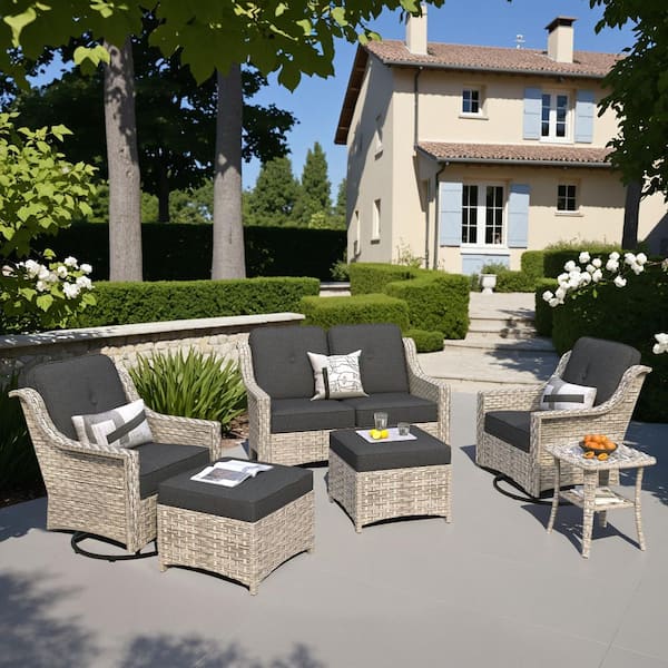 Palffy Gray 6-Piece Wicker Patio Conversation Seating Set with Black Cushions and Swivel Rocking Chairs