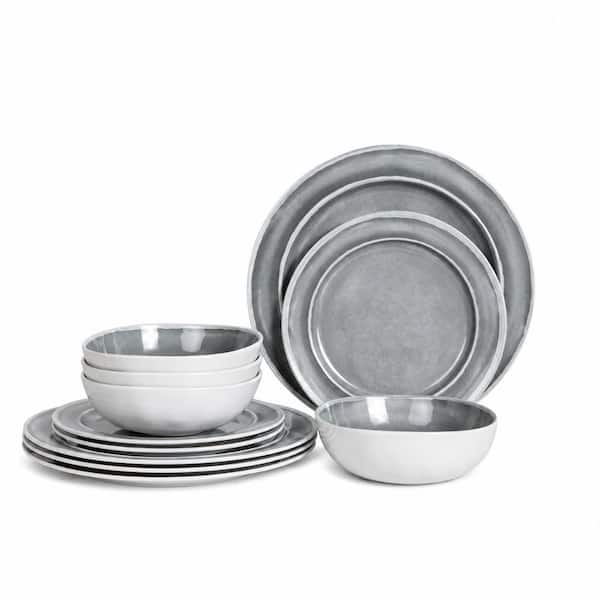 12-Piece Melamine Dinnerware Set in Gray with Dinner Plates Salad Plates and Bowls Service for 4
