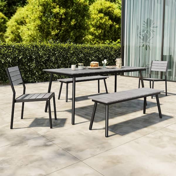 Pellebant 70 in. Gray Aluminum Wood-Like Outdoor Dining Set with Umbrella Hole and 2 Bench 2 Stackable Armless Chairs (5 Pieces)