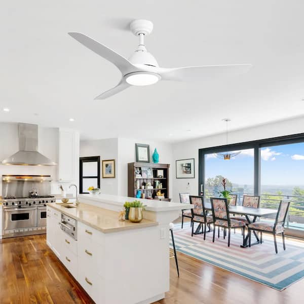 Unbranded 52 in. Indoor White Ceiling Fan with Light and Remote Control Reversible Dimmable LED Fan Light w/3 Solid Wood Blades