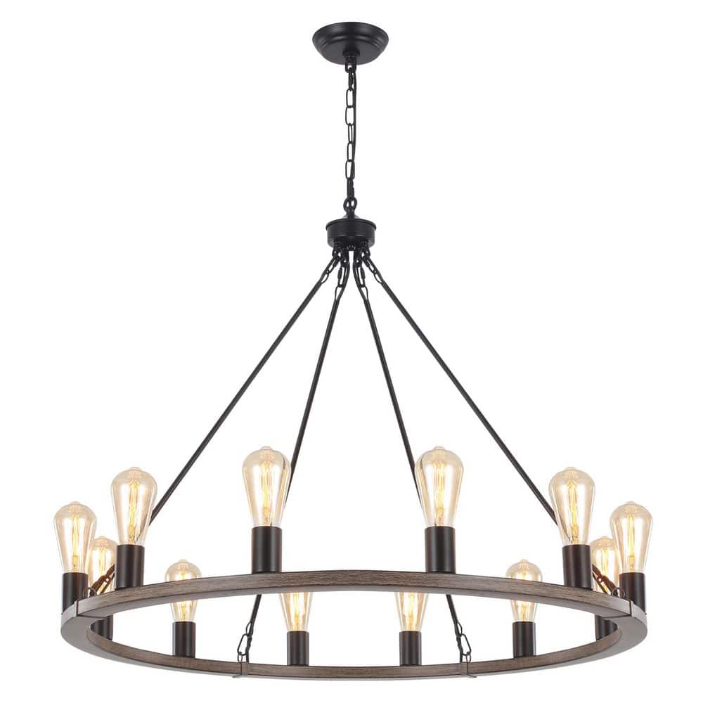 35.43 In. 12-Light Black & Wood Grain Wagon Wheel Chandelier, Modern Farmhouse Chandeliers for Dining Room price history on PriceWatchPro