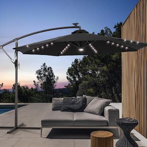 10 ft. Backyard Outdoor Patio Cantilever Umbrella with LED Lights, Round Canopy, Steel Pole and Ribs, Black