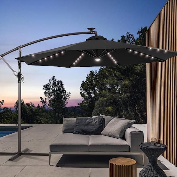 JOYESERY 10 ft. Backyard Outdoor Patio Cantilever Umbrella with LED Lights, Round Canopy, Steel Pole and Ribs, Black