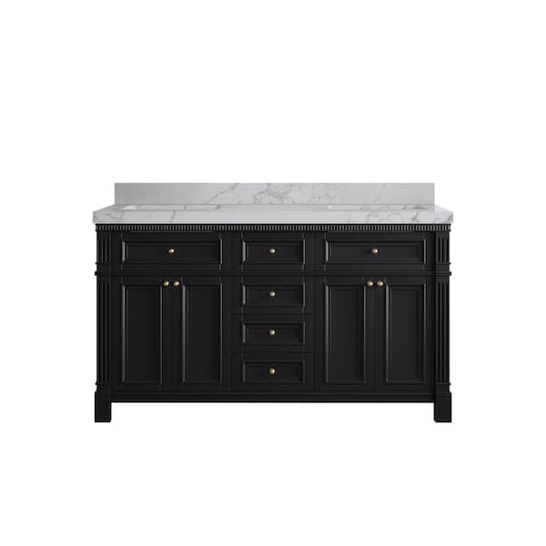 Willow Collections Paris 60 in. W x 22 in. D x 36 in. H Double Sink Bath Vanity in Black with 2 in. Venatino qt. Top