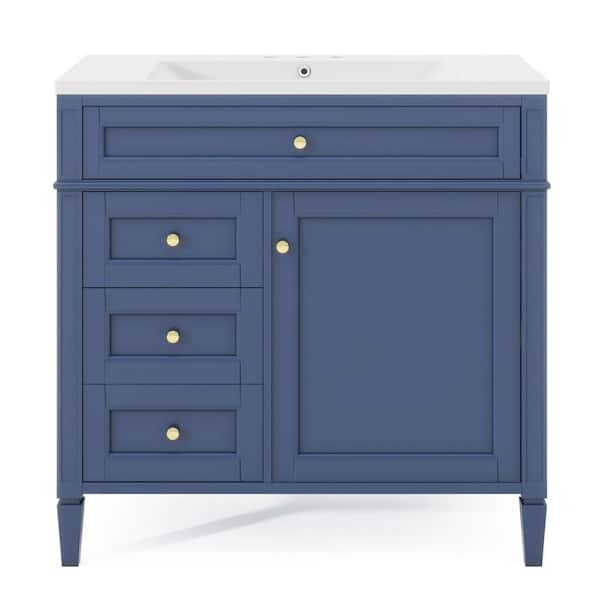 EPOWP 35 in. W x 17.87 in. D x 33 in. H Single Sink Freestanding Bath Vanity in Blue with Grey Resin Top and Storage Cabinet