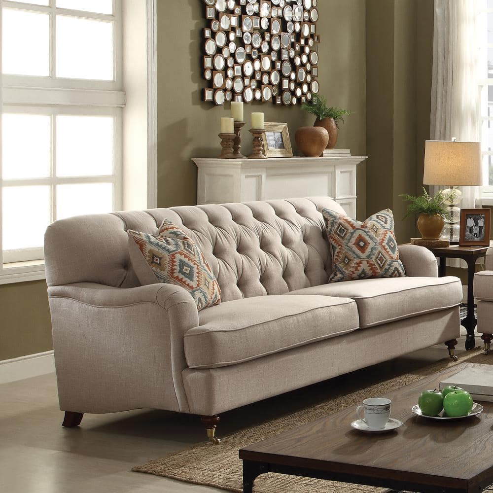 Alianza Classic Tufted Linen Reclining Sofa with Cup Holder in Beige