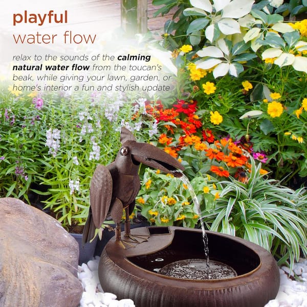 Alpine Corporation - 16 in. Tall Indoor/Outdoor Rustic Metal Toucan Water Fountain Yard Statue Decoration, Brown