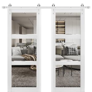 Lucia 2555 56 in. x 80 in. Full Lite Clear Glass Matte White Finished Solid Wood Sliding Barn Door with Hardware Kit