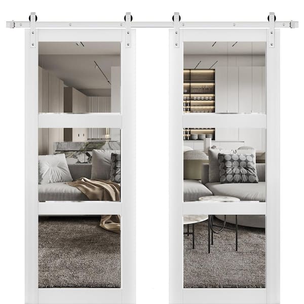 Sartodoors Lucia 2555 72 in. x 80 in. Full Lite Clear Glass Matte White Finished Solid Wood Sliding Barn Door with Hardware Kit