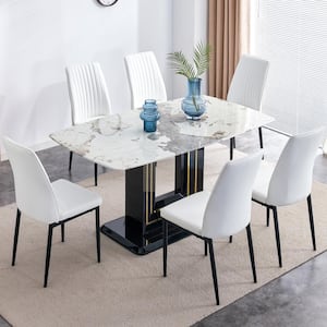7-Piece Rectangle White Faux Marble Top Dining Table Set Seats 6-8 with U-Shaped Base, 6 White Upholstered Chairs