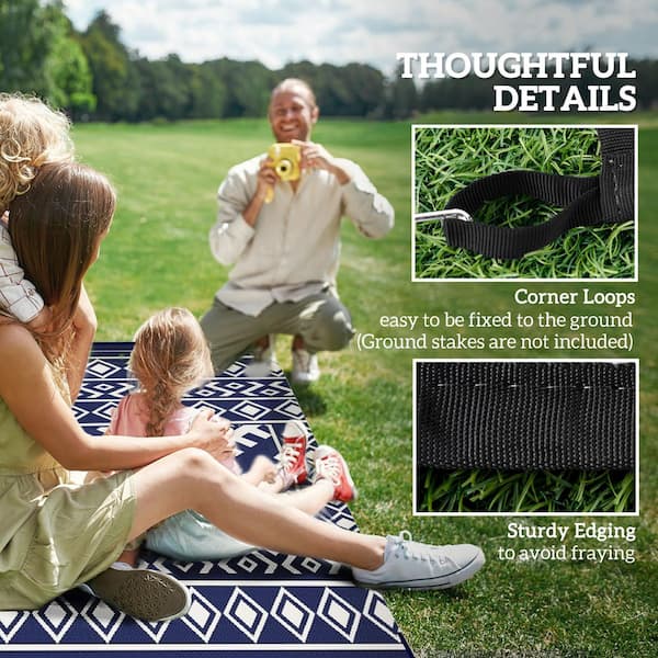 Blue and White Rhombus Border 8 ft. x 10 ft. Waterproof Plastic Straw Floor Mat Large Reversible Outdoor Rug Area Rug