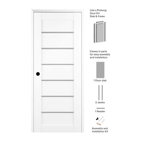 Alba 36 in. x 80 in. Right-Hand 6-Lite Frosted Glass Solid Core Bianco Noble Wood Composite Single Prehung Interior Door