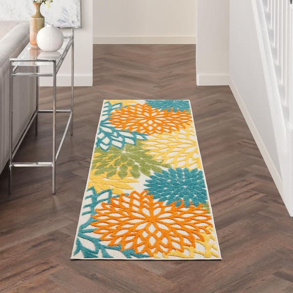 Aloha Turquoise Multicolor 2 ft. x 6 ft. Runner Floral Contemporary Indoor/Outdoor Patio Kitchen Area Rug
