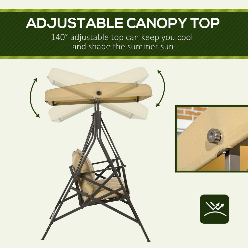 Khaki Cushioned 3-Person Brown Steel Patio Swing with Adjustable Canopy