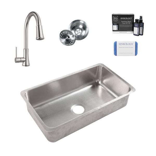 SINKOLOGY Rivera 31.25 in. Undermount Single Bowl 18-Gauge Brushed Stainless Steel Kitchen Sink with Pfirst Faucet Stainless Kit