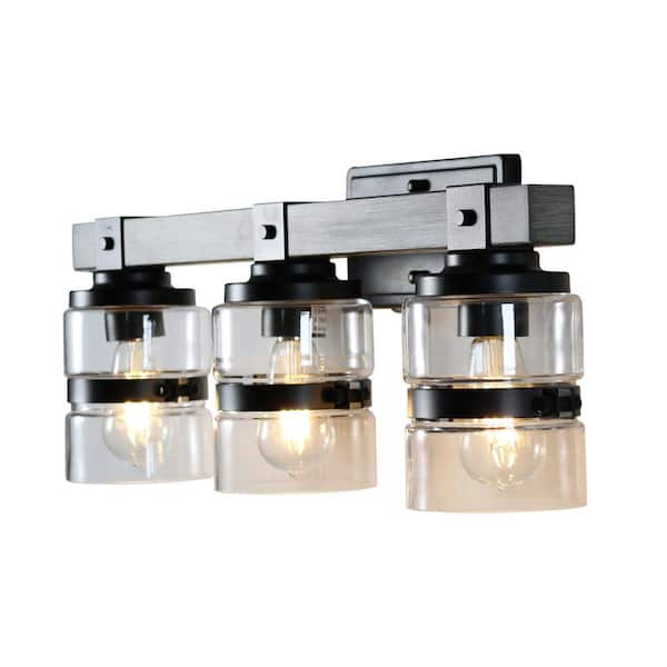 23 in. 3-Light Matte Black Bathroom Vanity Light with Clear Glass Shades